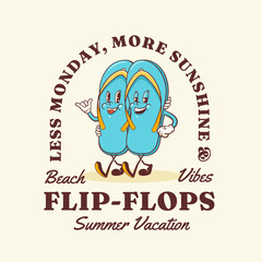 Summer Beach Retro Cartoon Characters Label. Groovy Flip Flops Slippers Friends Showing Shaka Symbol Illustration. Vintage Personage Walking and Smiling Vector T-shirt Print Drawing Logo Isolated