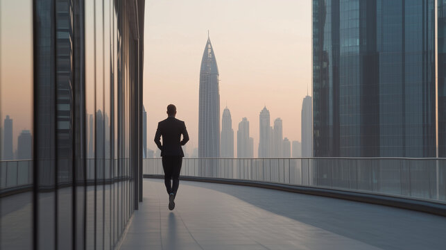 A man in a suit jogging on a corporate rooftop track at sunrise - Powered by Adobe