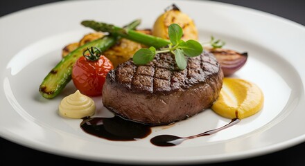 A macro shot of a gourmet steak dish with seared beef fillet, roasted vegetables, and a drizzle of balsamic reduction, served on an elegant white plate, 