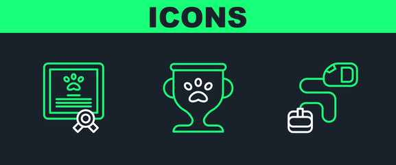 Set line Retractable cord leash, Certificate for dog cat and Pet award icon. Vector