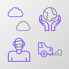 Set line Car exhaust, Face in protective mask, Hands holding Earth globe and Cloud icon. Vector