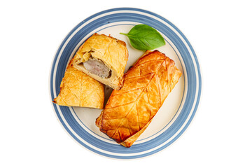 Meat pie quiche French snack fresh delicious gourmet food background on the table rustic food top view copy space