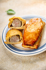 Meat pie quiche French snack fresh delicious gourmet food background on the table rustic food top view copy space