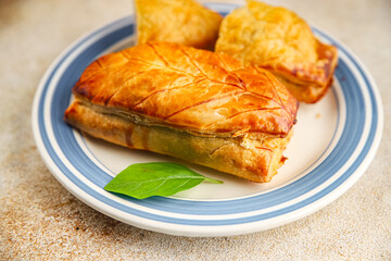 Meat pie quiche French snack fresh delicious gourmet food background on the table rustic food top view copy space