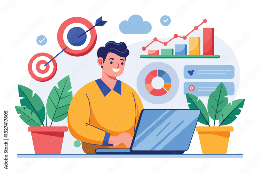Poster a person analyzes growth data using a laptop in a bright workspace filled with plants and graphs, ta