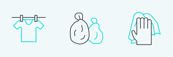 Obraz premium Set line Cleaning service, Drying clothes and Garbage bag icon. Vector