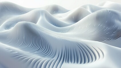 A 3D-rendered abstract wallpaper background featuring intricate white wavy lines, creating a fluid, undulating texture. Minimalist and modern design with soft curves, light shadows