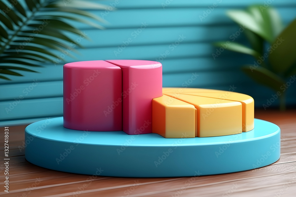 Poster colorful 3d render of segmented cylindrical shapes on a platform, set against a teal backdrop with t