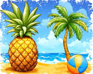 Pineapple, palm, ball on beach, sea in background