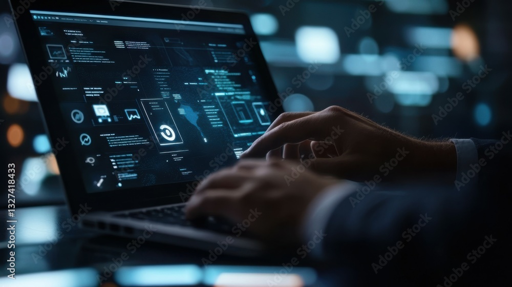 Poster a man typing on laptop for search information on web browser networking