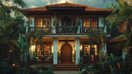 Two-story, Mediterranean-style villa at dusk, surrounded by lush tropical foliage