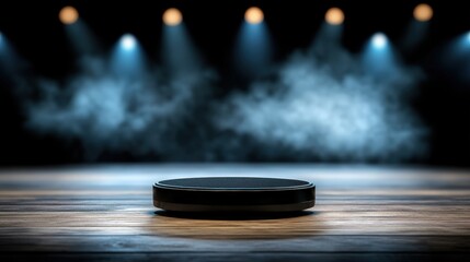 A spotlight shines on a circular platform amidst a smoky backdrop, creating a dramatic scene ideal for showcasing performances, product launches, or events, Perfect for theater, music