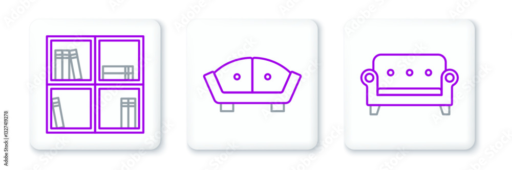 Poster set line sofa, shelf with books and icon. vector