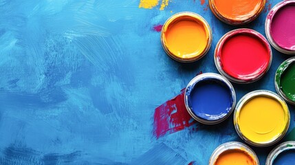 Vibrant paint cans arranged on a blue background create an artistic vibe, This image is ideal for promoting creativity, art supplies, or DIY projects, It can also be used in educational materials,