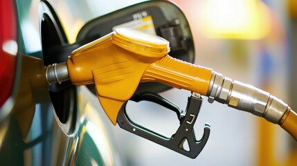 Fuel nozzle in car fuel tank during gasoline refill at gas station. Detail view of auto refuel, petroleum industry, energy crisis
