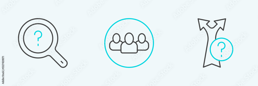 Poster set line arrow, unknown search and project team base icon. vector