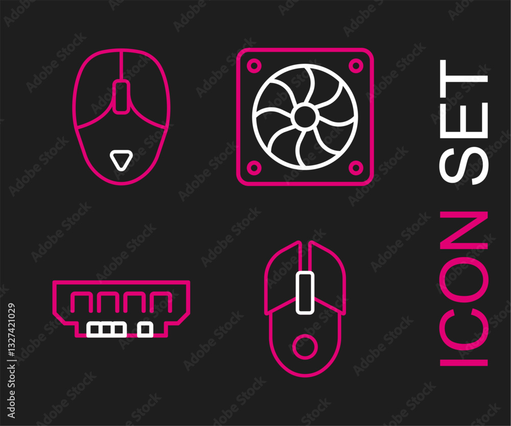 Poster set line computer mouse, ram, random access memory, cooler and icon. vector