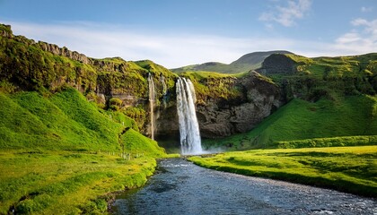 Fototapeta premium majestic waterfall in serene valley with lush green hills and flowing stream in iceland