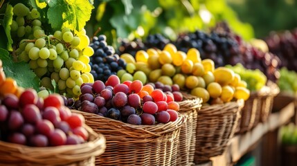 Baskets Filled with Freshly Harvested Variety of Colorful Grapes for Sale in an Outdoor Market Display