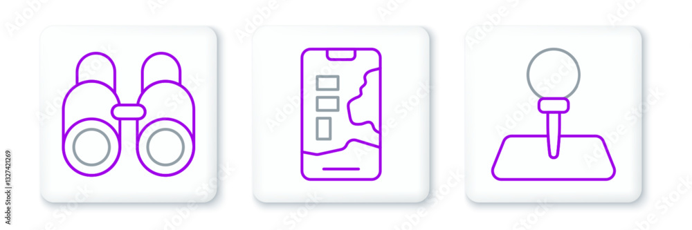 Poster set line push pin, binoculars and city map navigation icon. vector