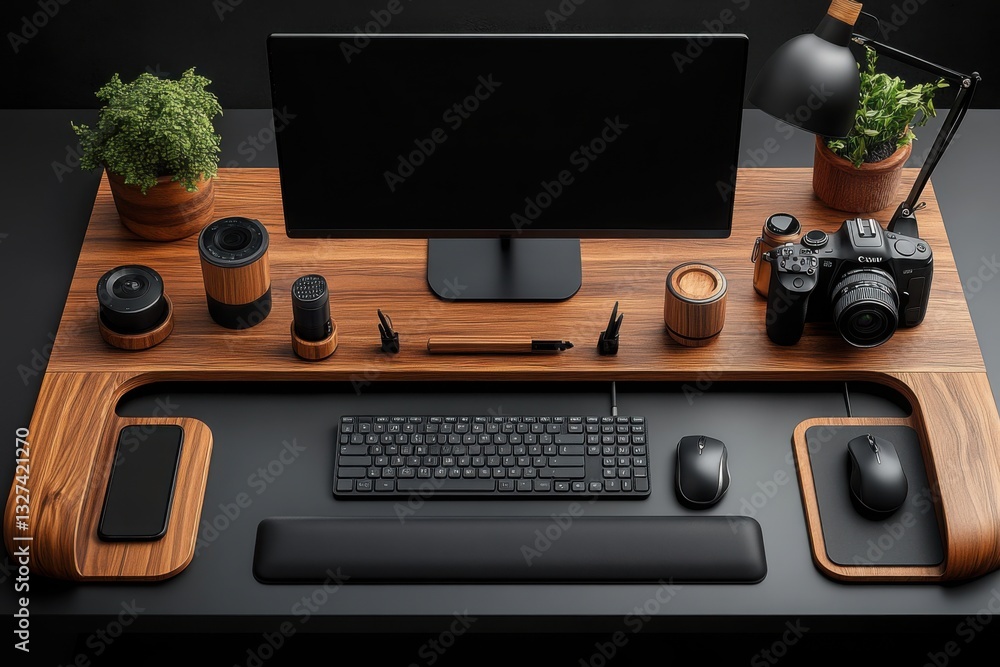 Aufkleber sleek desk setup with computer camera and plants for a modern workspace vibe