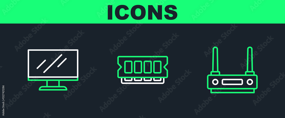 Poster set line router and wi-fi signal, computer monitor screen and ram, random access memory icon. vector