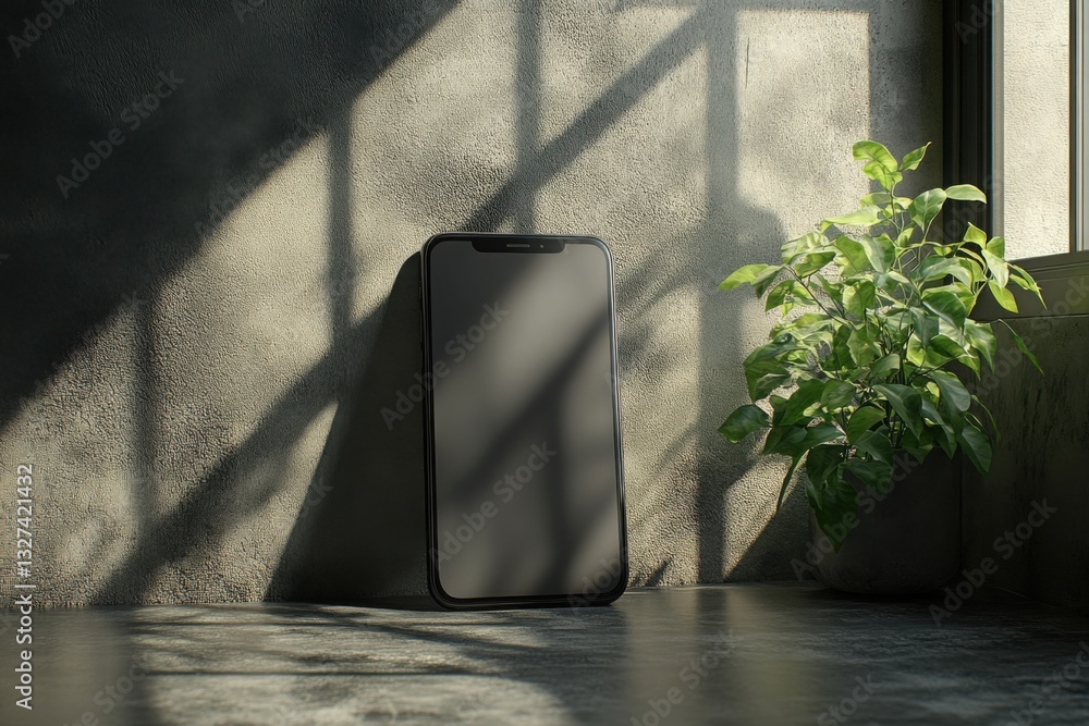 Poster mobile device displaying a dark screen resting against a textured wall with a plant