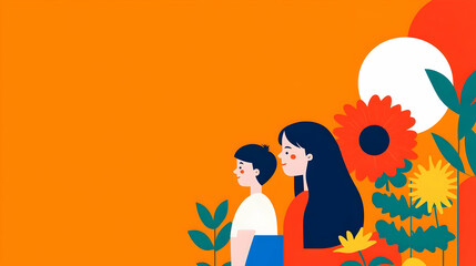 Colorful Illustration of Boy and Girl with Bright Floral Elements