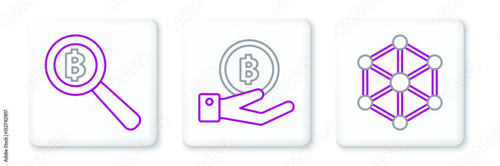 Aufkleber set line blockchain technology, magnifying glass with bitcoin and hand holding icon. vector