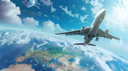 Fototapeta premium Airplane flying over Earth. 3D illustration. Loading to the aircraft. Global Cargo Export Logistics Concept with Copy Space.