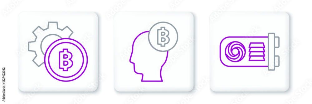Poster set line mining farm, cryptocurrency coin bitcoin and think icon. vector