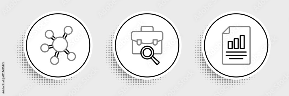 Poster set line document with graph chart, project team base and work search icon. vector