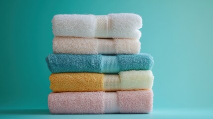 Stack of folded towels in pastel colors on a pastel blue background in studio lighting