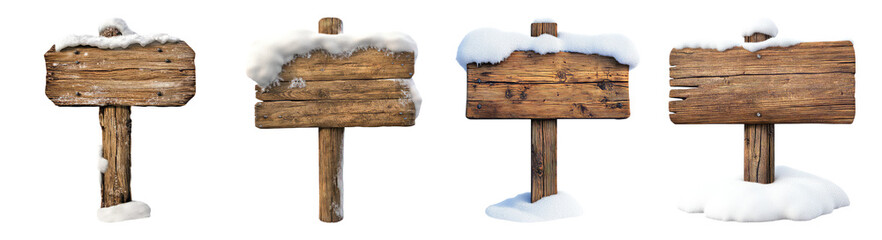 Naklejka premium Wooden Signs Covered with Snow in Winter Landscape Setting, PNG bundle collection, Isolated on Transparent Background