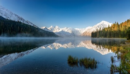 tranquil mountain lake with misty reflections and snow capped peaks