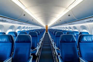Bare airplane interior with comfy seats wide design stresses modern flight comfort new plane cabin with blue seating white trim central aisle works great  
