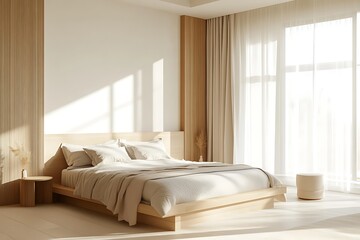 Empty trendy bedroom with sunshine streaming through cozy relaxing room warm white walls show off a broad bed with faint beige bedding wood furniture gives a warm vibe  
