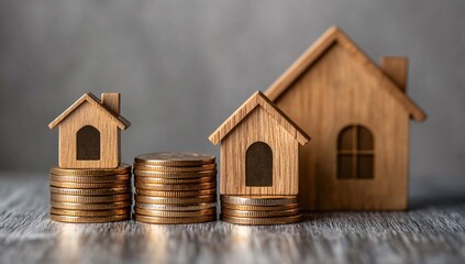 Wooden house models on stacks of gold coins symbolizing real estate investment, housing market, and property value growth
