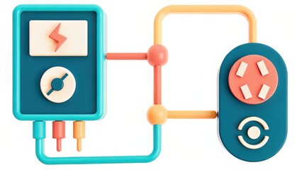 Fototapeta premium 3D Render of Teal and Orange Control Panel with Connecting Tubes