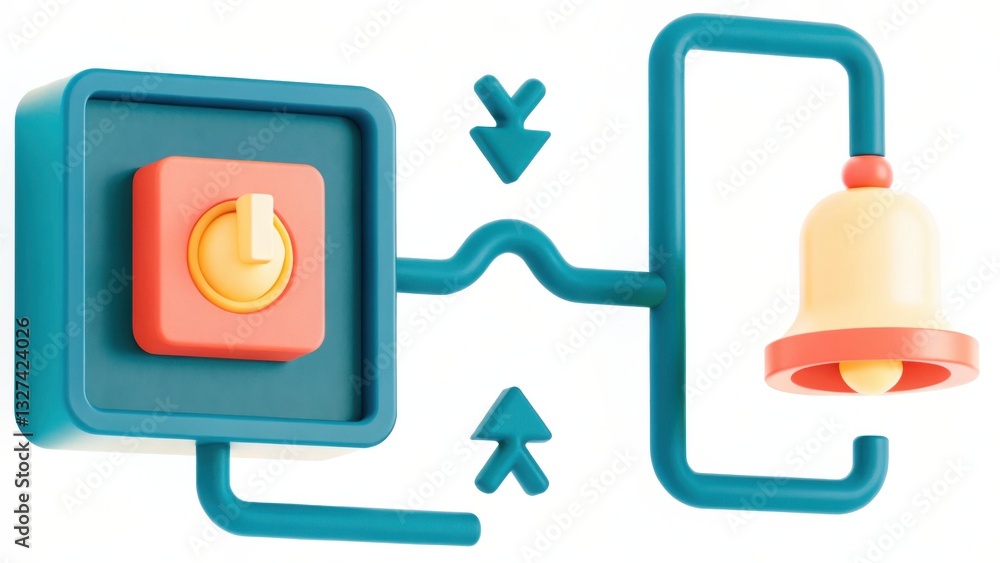 Poster 3d render of teal switch and cream bell notification system