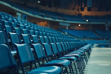 Fototapeta premium Empty sports venue seats in lines blue plastic chairs jam the area game site awaits play might be held off scrapped expecting fans large void indoor stadium seating 