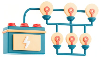Obraz premium Teal Battery Powering Pastel Lightbulbs 3D Render