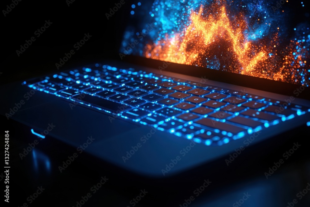 Poster illuminated laptop keyboard with vibrant color display in a dark environment