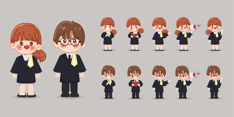 Cute cartoon hand drawn Thai lawyer Legal professions character set. Flat cartoon animation vector design.