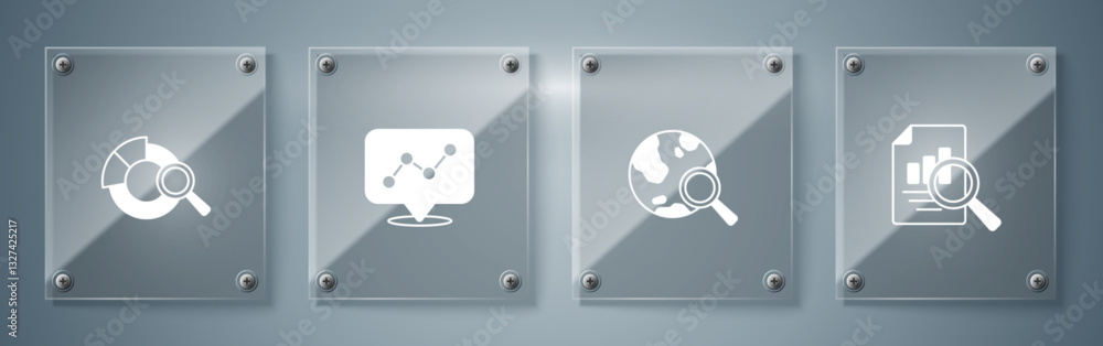 Poster set document with graph chart, search globe, graph infographic and data analysis. square glass panel