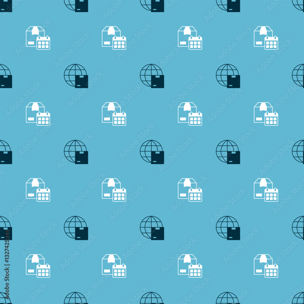 Poster set worldwide shipping and cardboard box with calendar on seamless pattern. vector