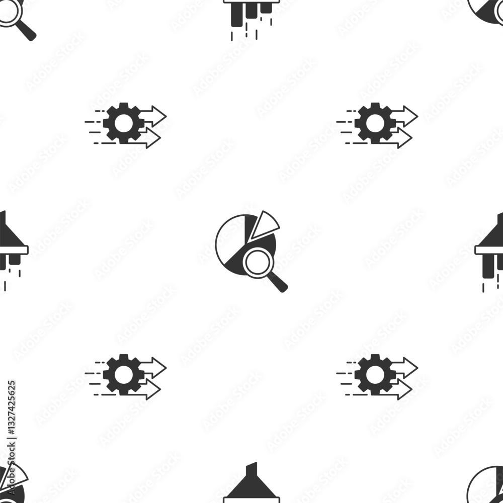 Poster set sales funnel with chart, search data analysis and time management on seamless pattern. vector