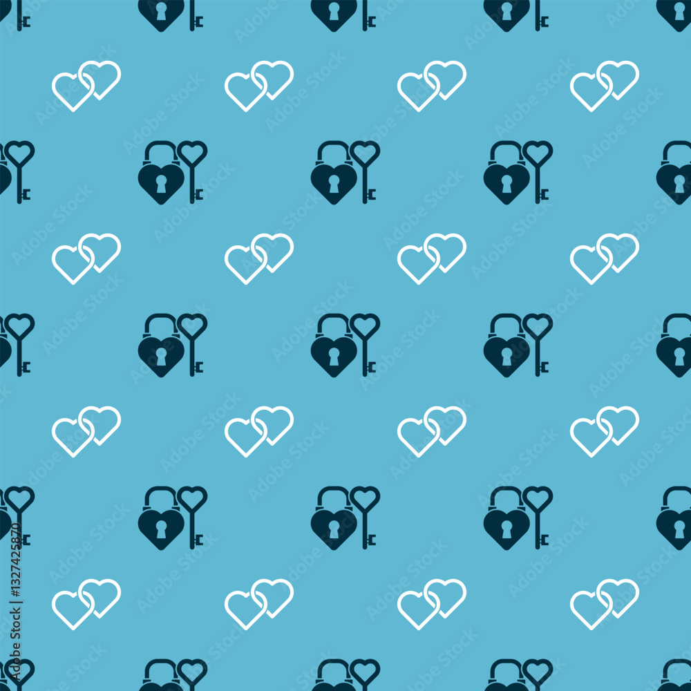 Aufkleber set castle and key in heart shape and two linked hearts on seamless pattern. vector