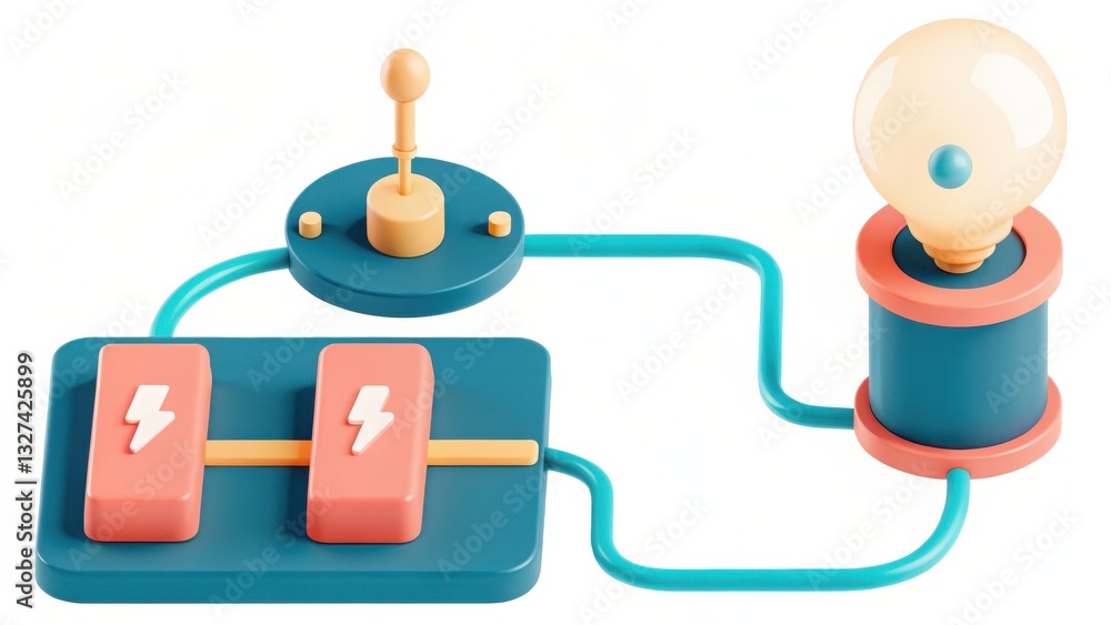 Poster teal and peach 3d render of circuit powering a lightbulb
