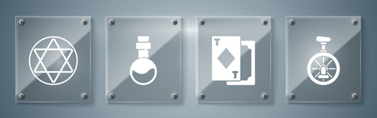 Set Unicycle or one wheel bicycle, Playing cards, Bottle with love potion and Star of David. Square glass panels. Vector © Oksana